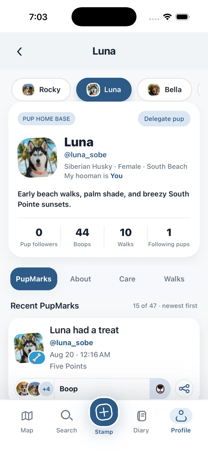 Luna's Siberian Husky profile with her photo, story, walk count, and recent PupMarks