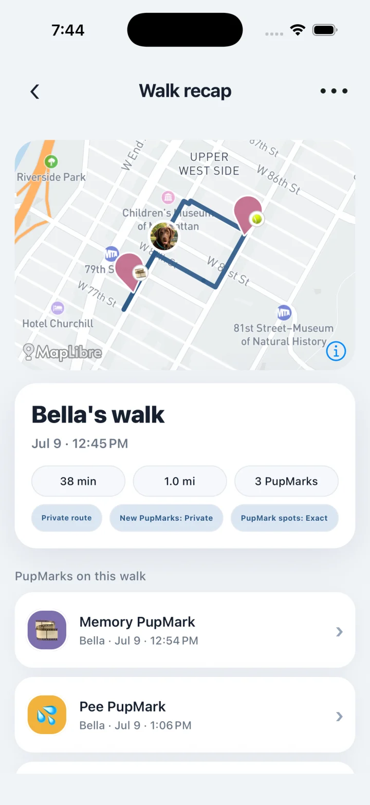 Bella's completed Central Park loop with route, time, distance, and three PupMarks