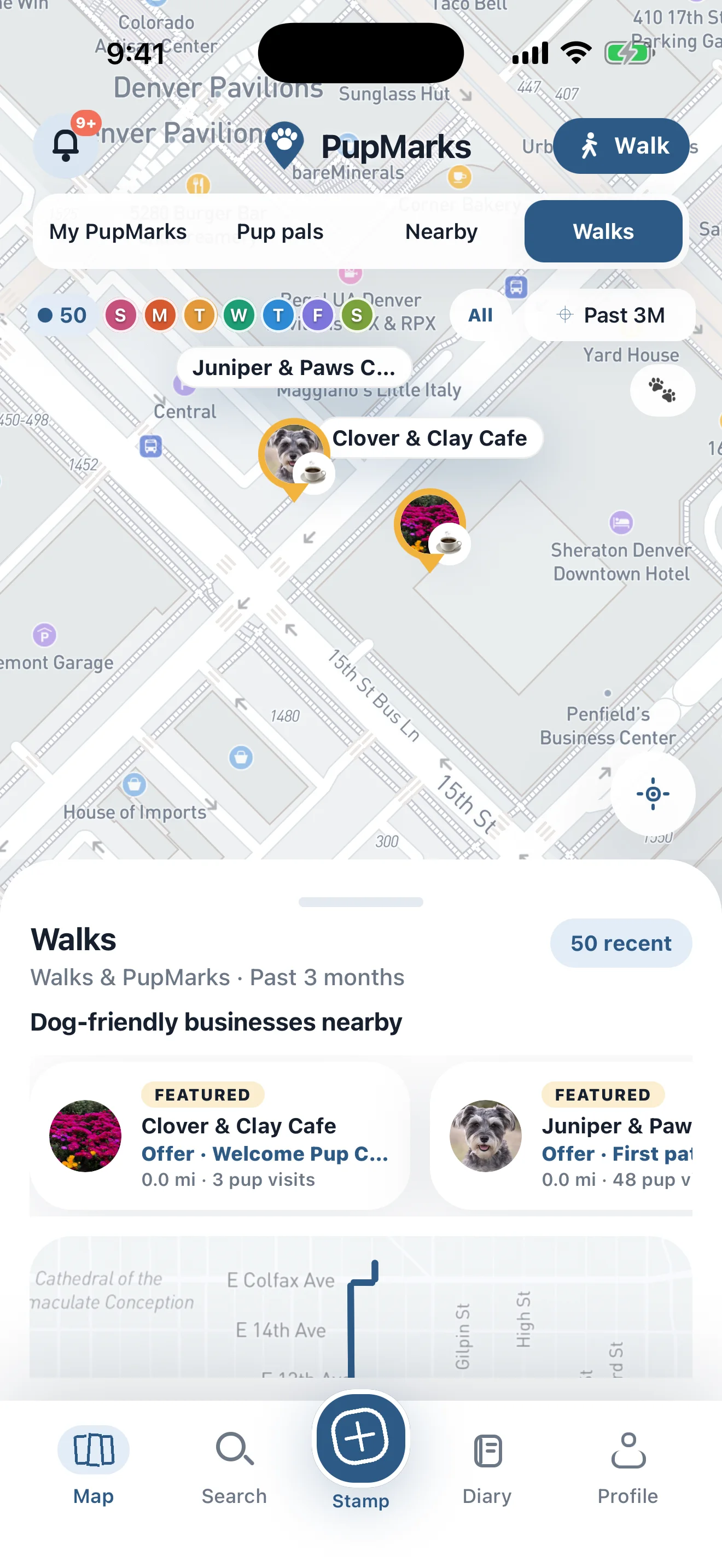 PupMarks map showing two business pins and nearby business cards