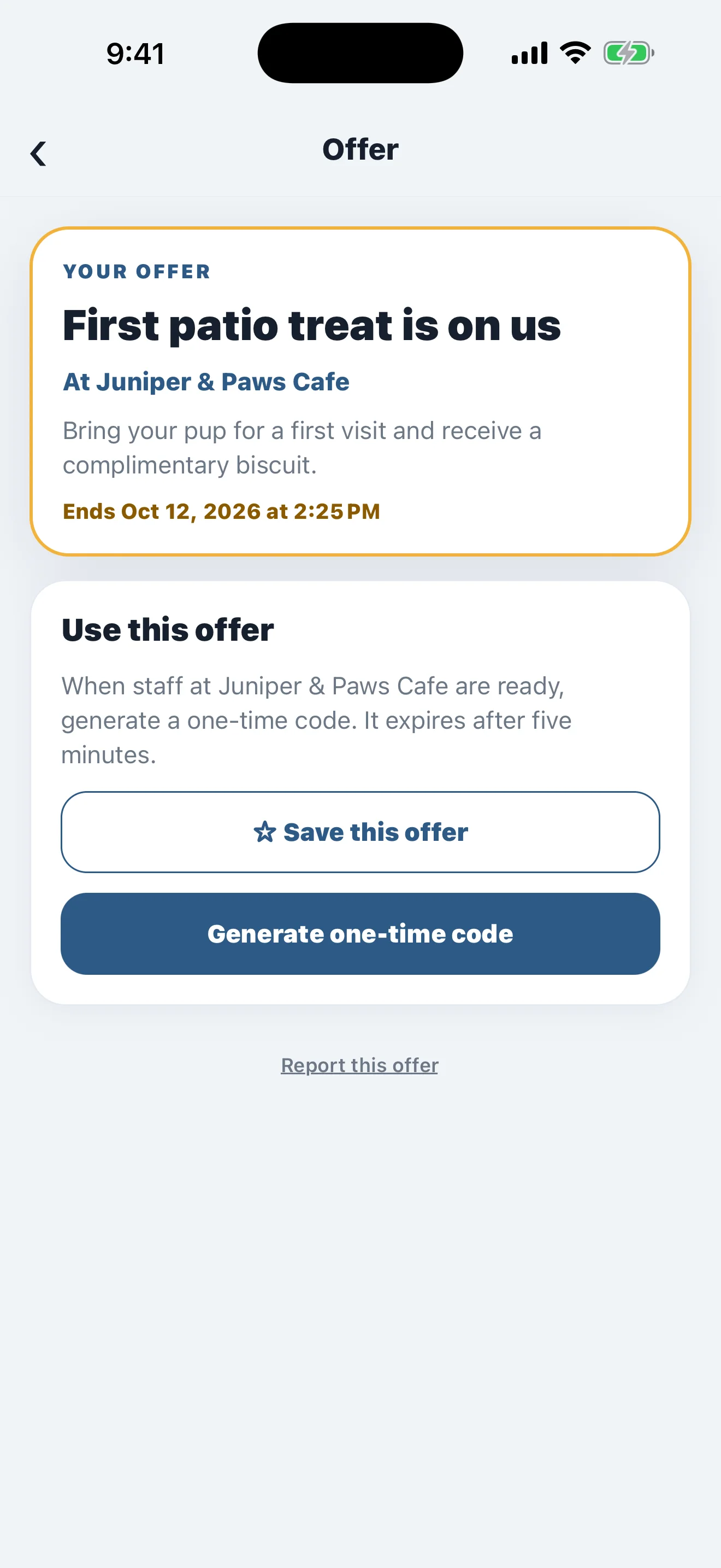 PupMarks offer screen with Save this offer and Generate one-time code buttons